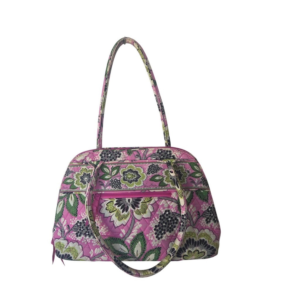 Vera Bradley Retired Priscilla Pink Green Floral Bowler Bag Zip Top Shoulder